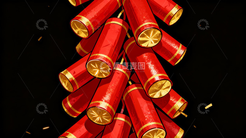 高清大图下载【趣麦麦图】红色鞭炮黑底绽放