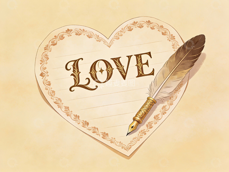 高清大图下载【趣麦麦图】心形信纸上的爱字与羽毛笔