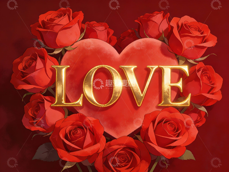 高清大图下载【趣麦麦图】红玫瑰环绕金色爱字心形图案