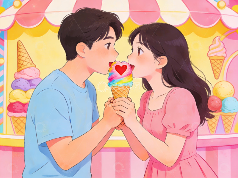 高清大图下载【趣麦麦图】情侣共享冰淇淋甜蜜瞬间