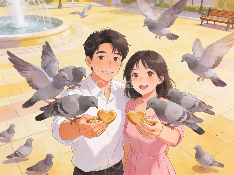 高清大图下载【趣麦麦图】情侣喂鸽子的温馨场景
