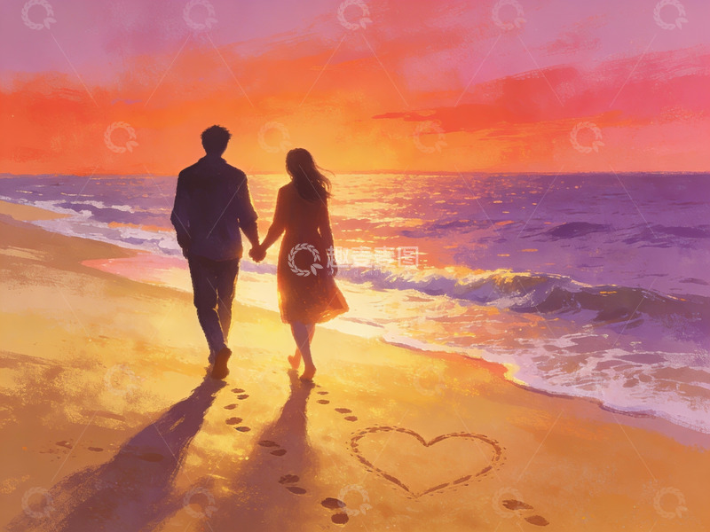 高清大图下载【趣麦麦图】情侣牵手海边日落