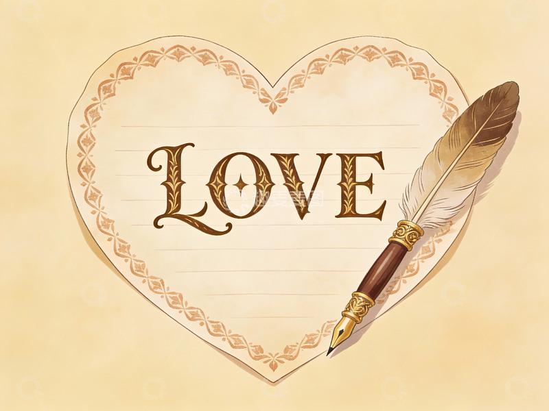 高清大图下载【趣麦麦图】心形纸上的爱字与羽毛笔