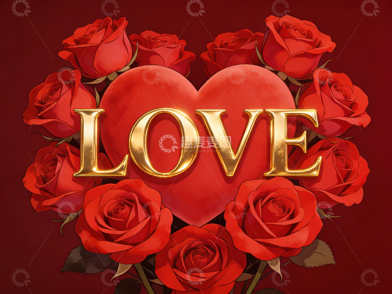 高清大图下载【趣麦麦图】红玫瑰环绕金色爱字