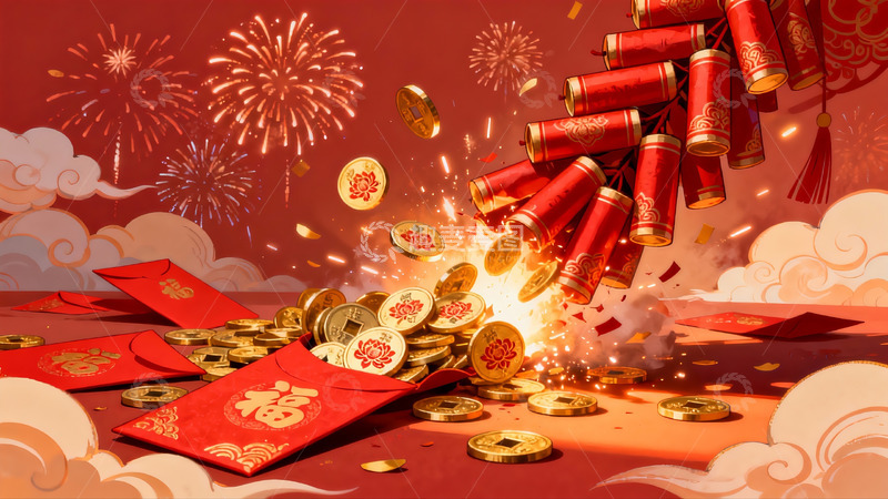 高清大图下载【趣麦麦图】春节烟花爆竹与红包金币
