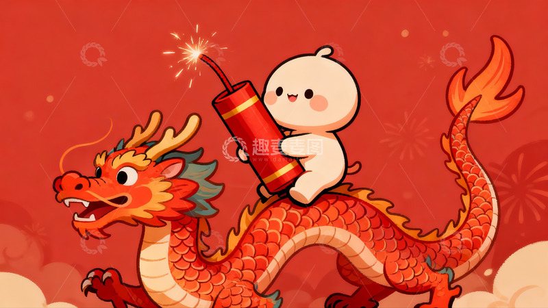 高清大图下载【趣麦麦图】卡通萌娃骑龙放鞭炮