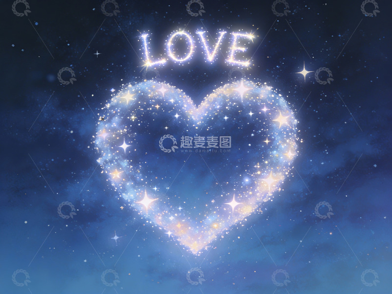 高清大图下载【趣麦麦图】星空中的发光爱心与爱字