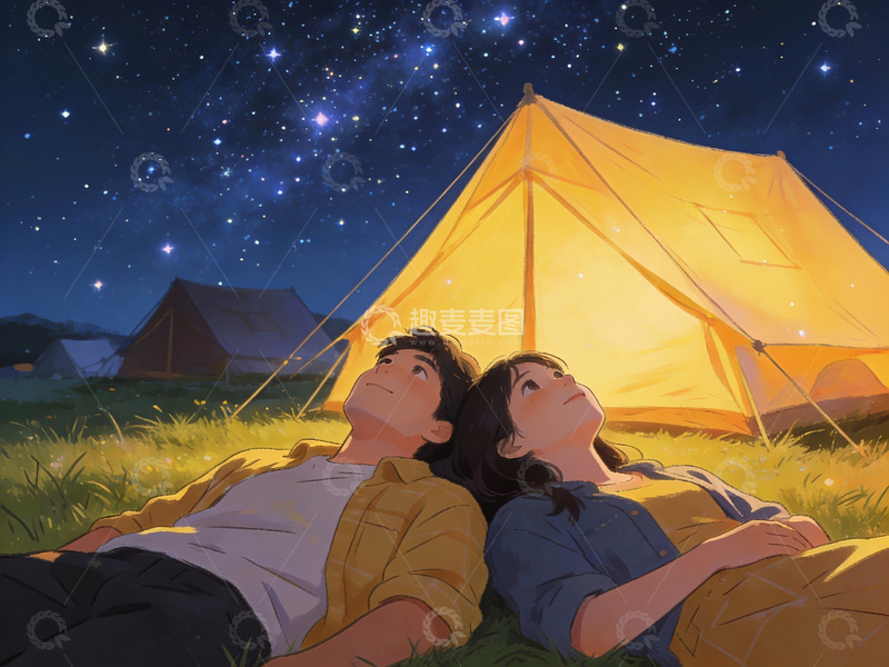 高清大图下载【趣麦麦图】情侣仰望星空露营夜景