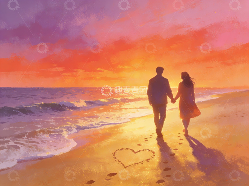 高清大图下载【趣麦麦图】情侣海滩夕阳散步