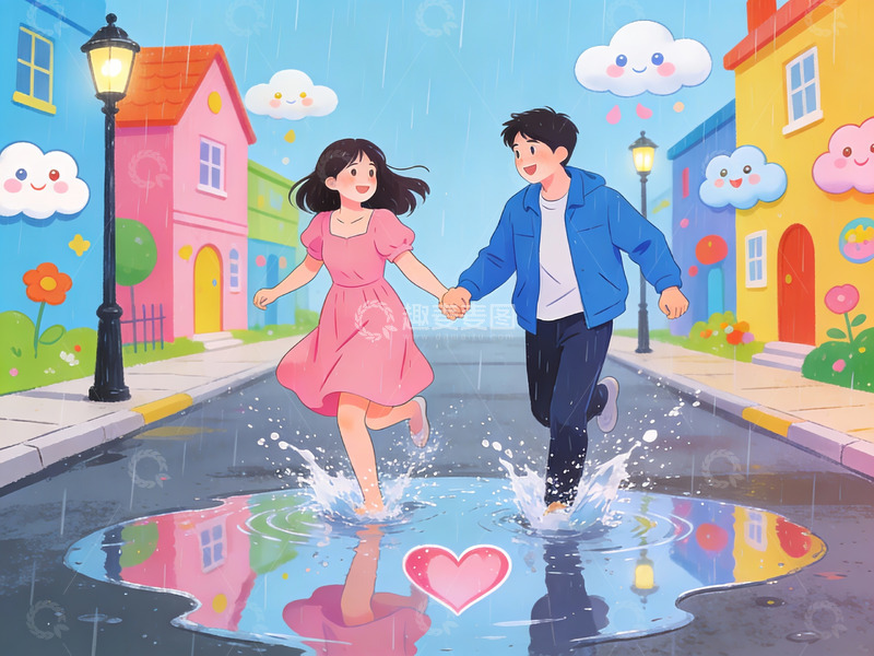 高清大图下载【趣麦麦图】雨中牵手跳跃的年轻情侣