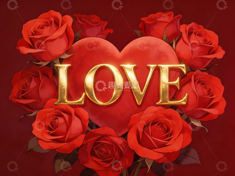 高清大图下载【趣麦麦图】红色玫瑰环绕金色爱字