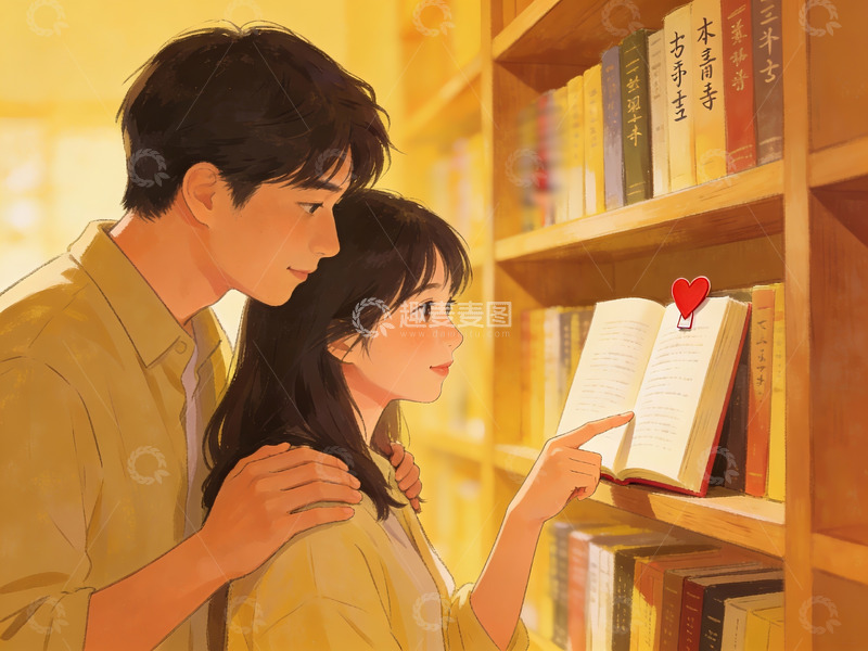 高清大图下载【趣麦麦图】图书馆中情侣共读书籍