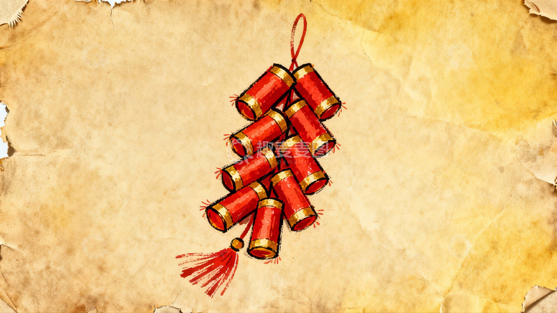 高清大图下载【趣麦麦图】古纸背景上的红色鞭炮图案