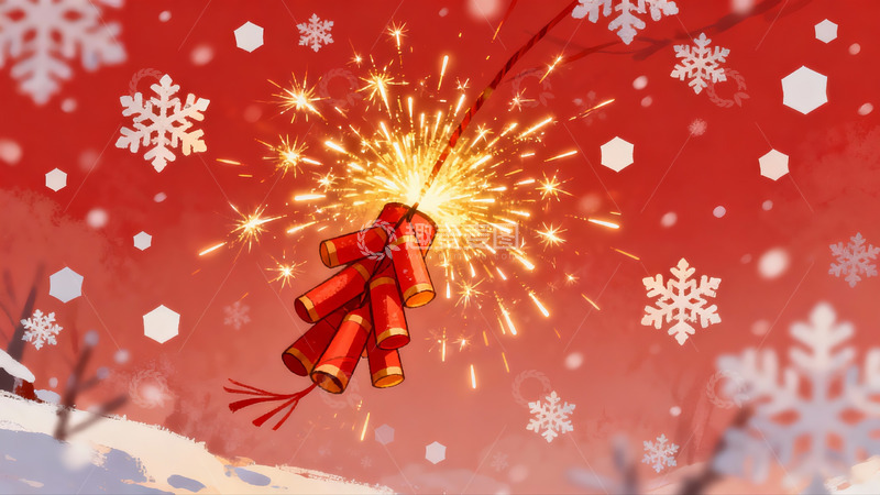 高清大图下载【趣麦麦图】红色背景烟花绽放雪景