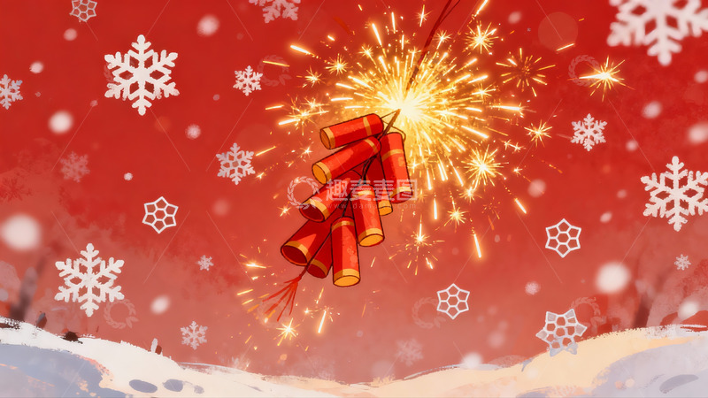高清大图下载【趣麦麦图】红色背景烟花与雪花