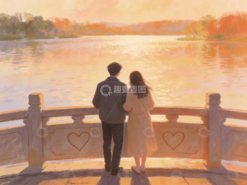 高清大图下载【趣麦麦图】情侣湖畔观夕阳