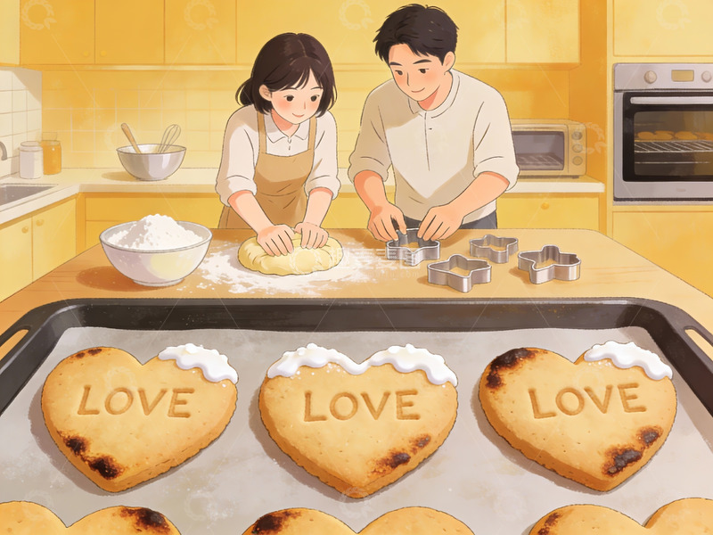 高清大图下载【趣麦麦图】情侣在厨房制作爱心饼干