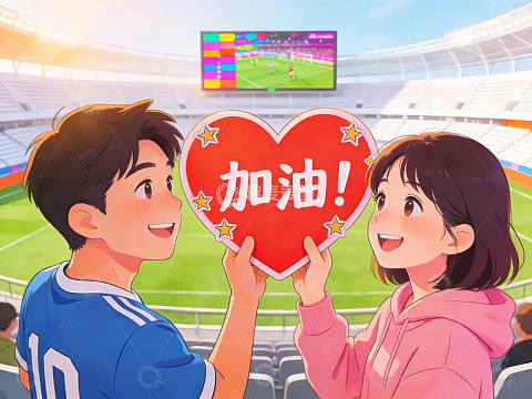 情侣在体育场举爱心牌加油