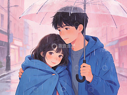 雨中情侣共撑伞