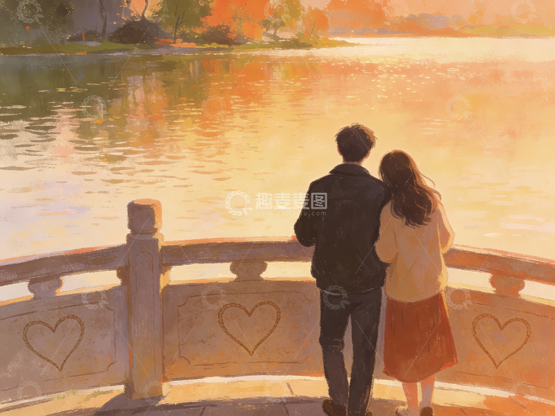 高清大图下载【趣麦麦图】情侣湖畔观景背影