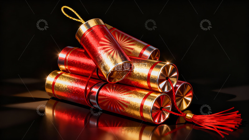 高清大图下载【趣麦麦图】红色金色鞭炮堆叠光影效果