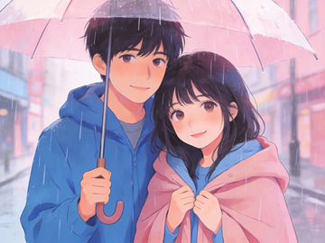 雨中情侣共撑伞