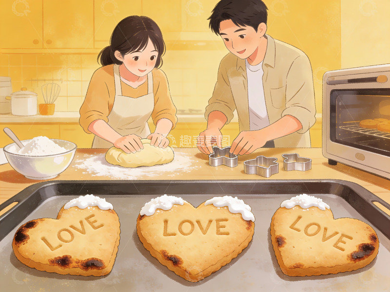 高清大图下载【趣麦麦图】情侣在厨房制作爱心饼干