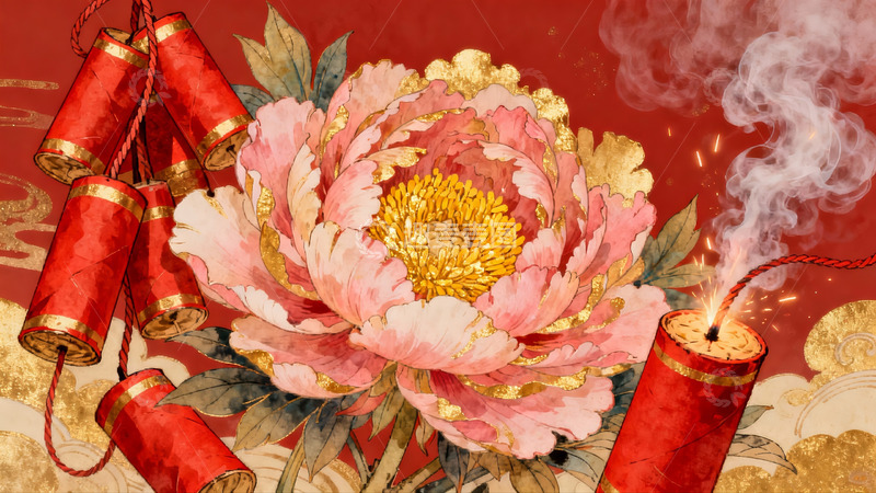 高清大图下载【趣麦麦图】新年烟花牡丹图