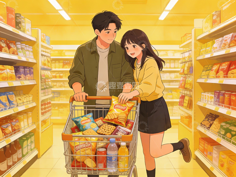 高清大图下载【趣麦麦图】情侣在超市购物