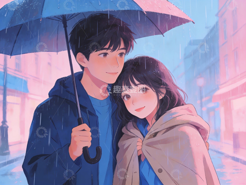 高清大图下载【趣麦麦图】雨中情侣共撑伞