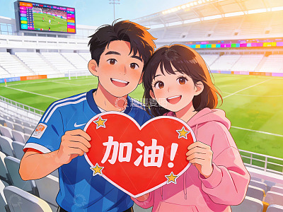 情侣在体育场加油助威