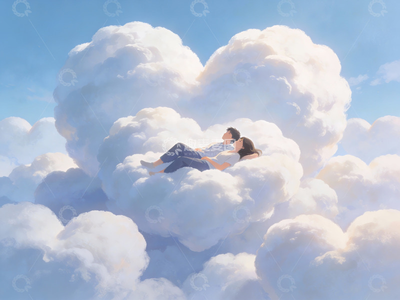 高清大图下载【趣麦麦图】情侣在心形云上相拥