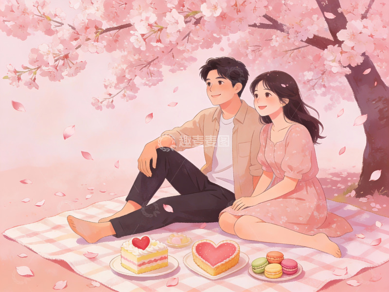 高清大图下载【趣麦麦图】樱花树下情侣野餐