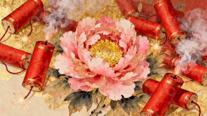 高清大图下载【趣麦麦图】烟花绽放牡丹盛开喜庆画面