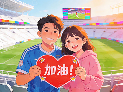 情侣在体育场加油助威