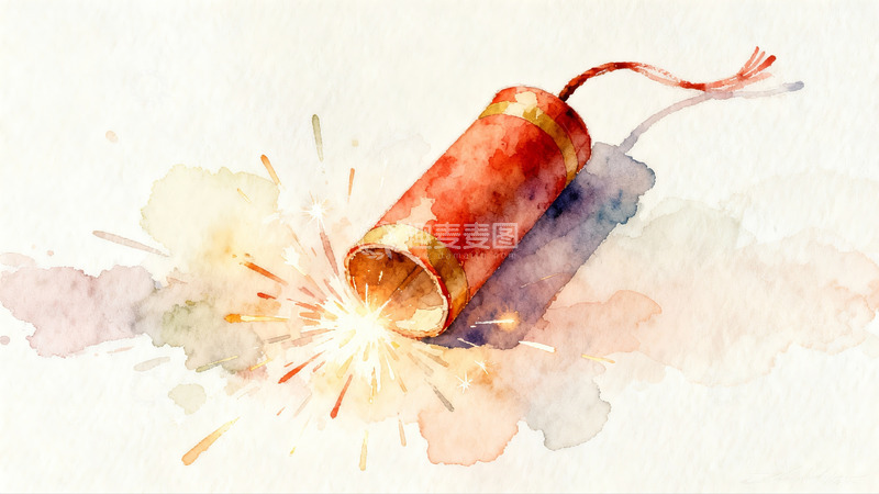 高清大图下载【趣麦麦图】水彩画中的红色鞭炮燃放瞬间
