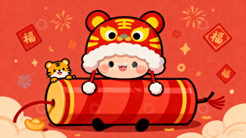 高清大图下载【趣麦麦图】卡通老虎新年鞭炮欢乐场景