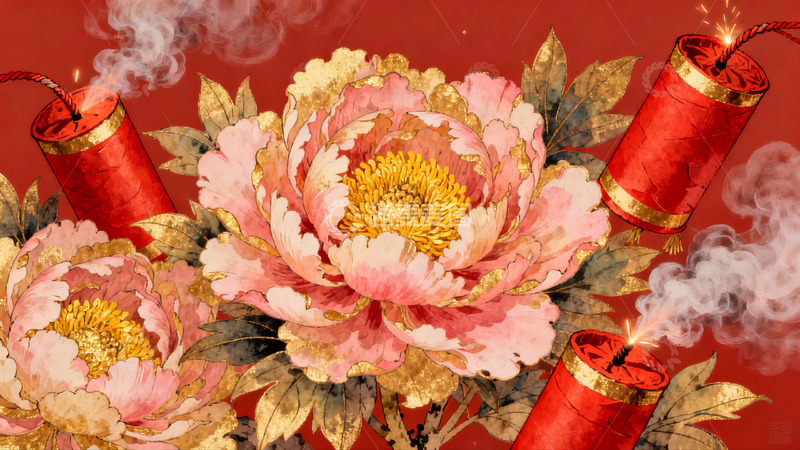 高清大图下载【趣麦麦图】红色背景牡丹烟花图案