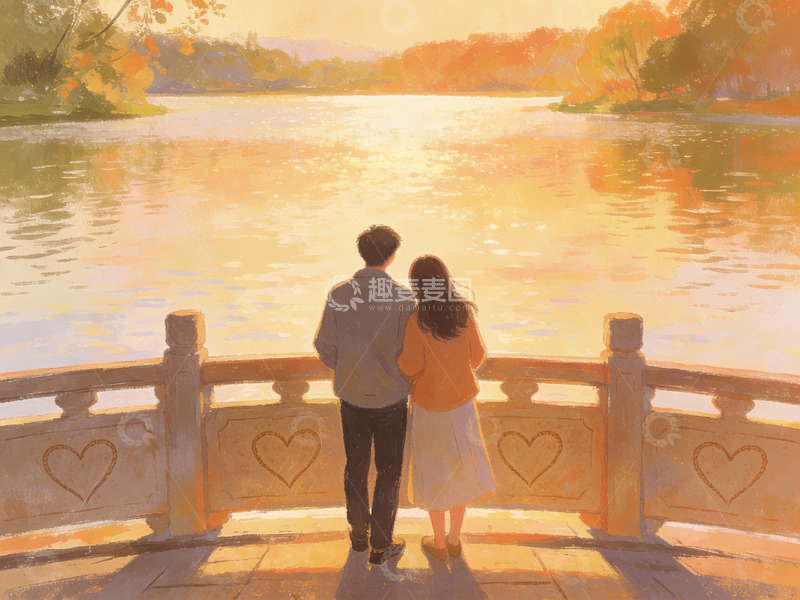 高清大图下载【趣麦麦图】情侣湖畔秋日黄昏