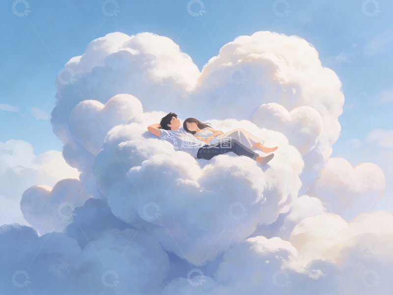 高清大图下载【趣麦麦图】情侣躺在心形云朵上