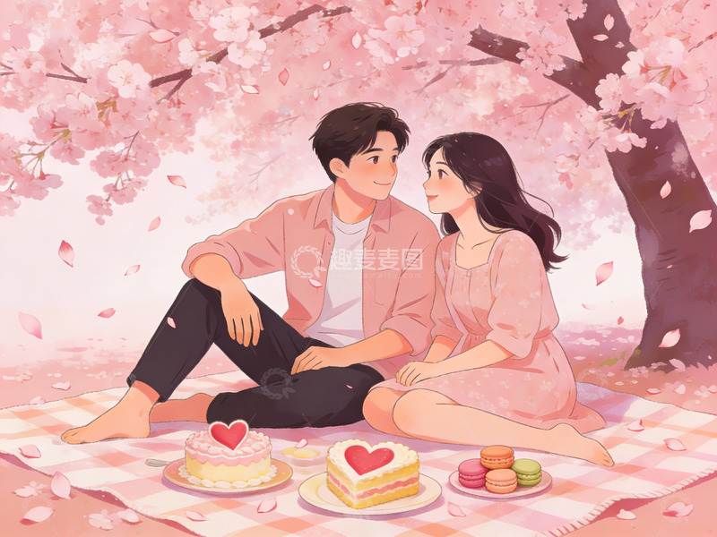 高清大图下载【趣麦麦图】樱花树下情侣野餐