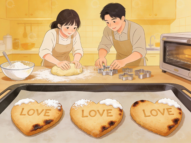 高清大图下载【趣麦麦图】情侣一起制作爱心饼干