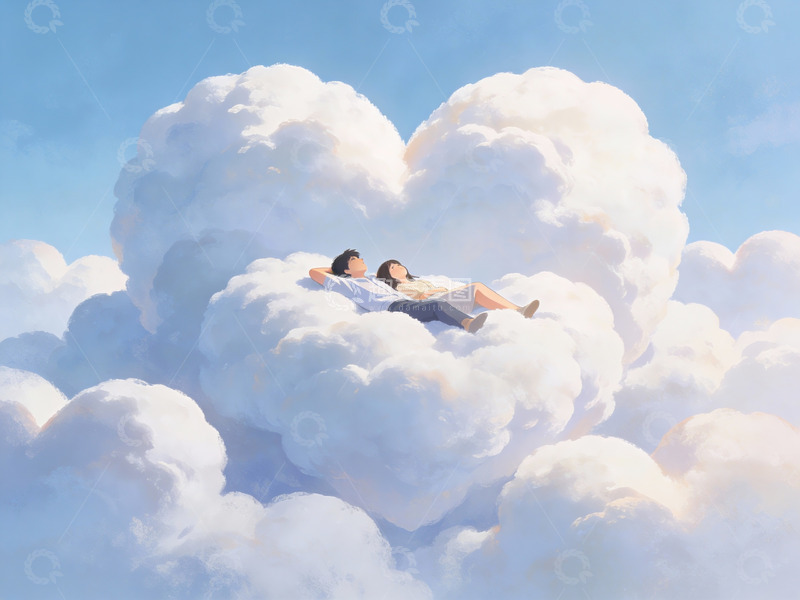高清大图下载【趣麦麦图】情侣躺在心形云朵上