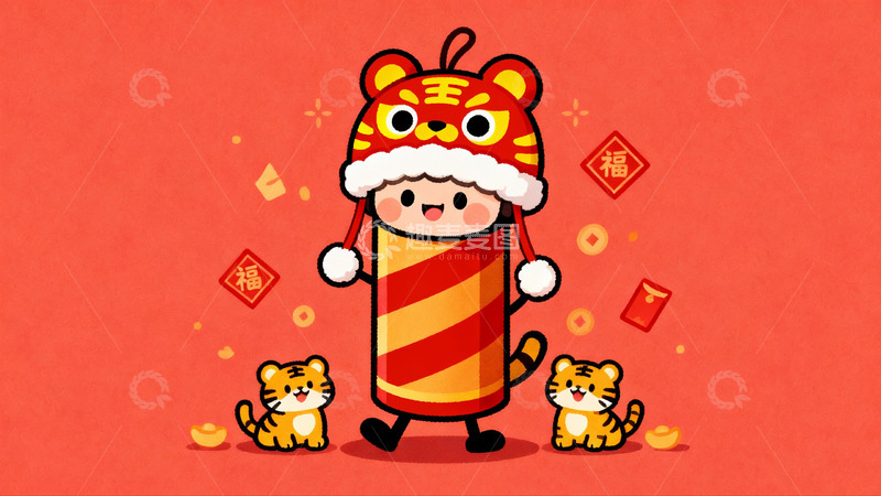 高清大图下载【趣麦麦图】卡通老虎春节庆祝插画