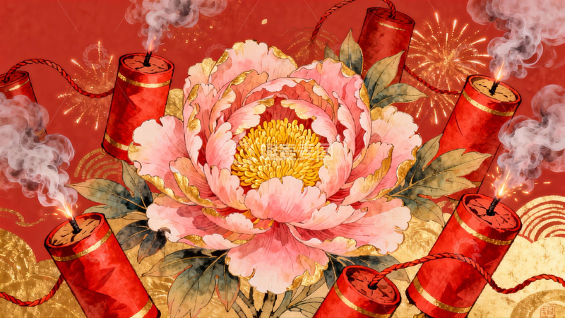 高清大图下载【趣麦麦图】烟花牡丹图喜庆祥和