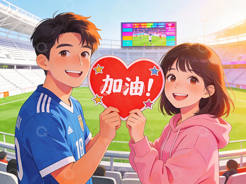 情侣在体育场举加油牌