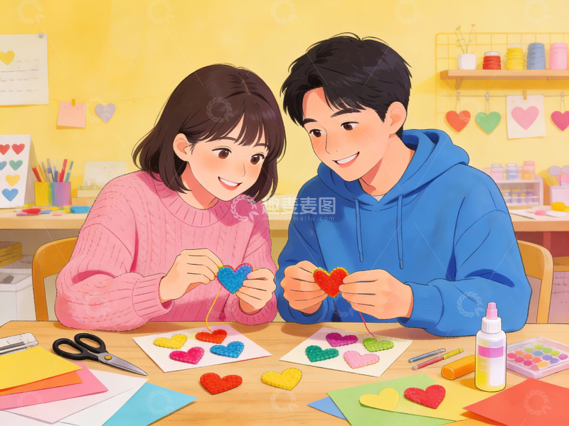 高清大图下载【趣麦麦图】情侣手工制作爱心卡片