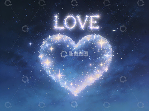 星空中的发光爱心与爱字