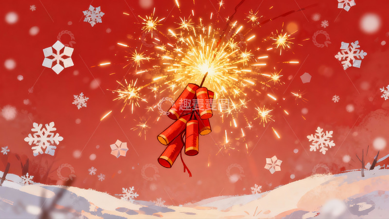 高清大图下载【趣麦麦图】红色背景烟花与雪花