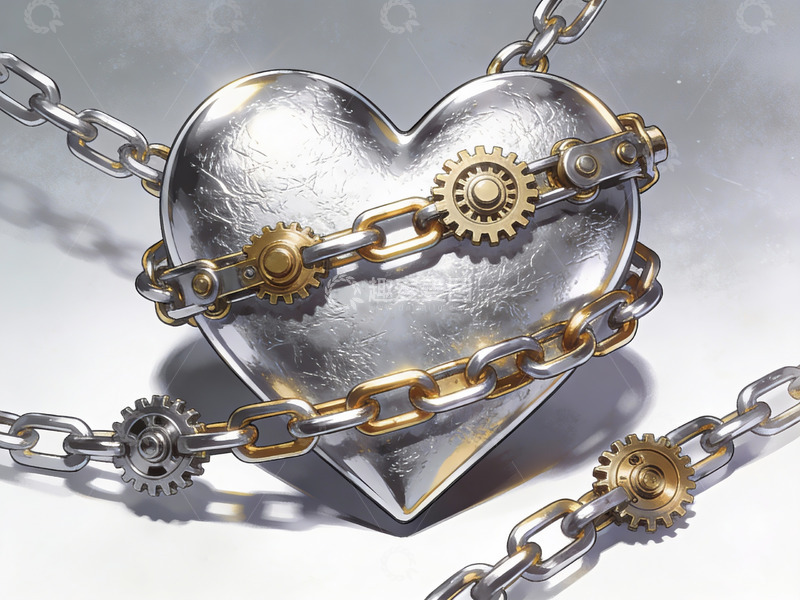 高清大图下载【趣麦麦图】金属心形与齿轮链条